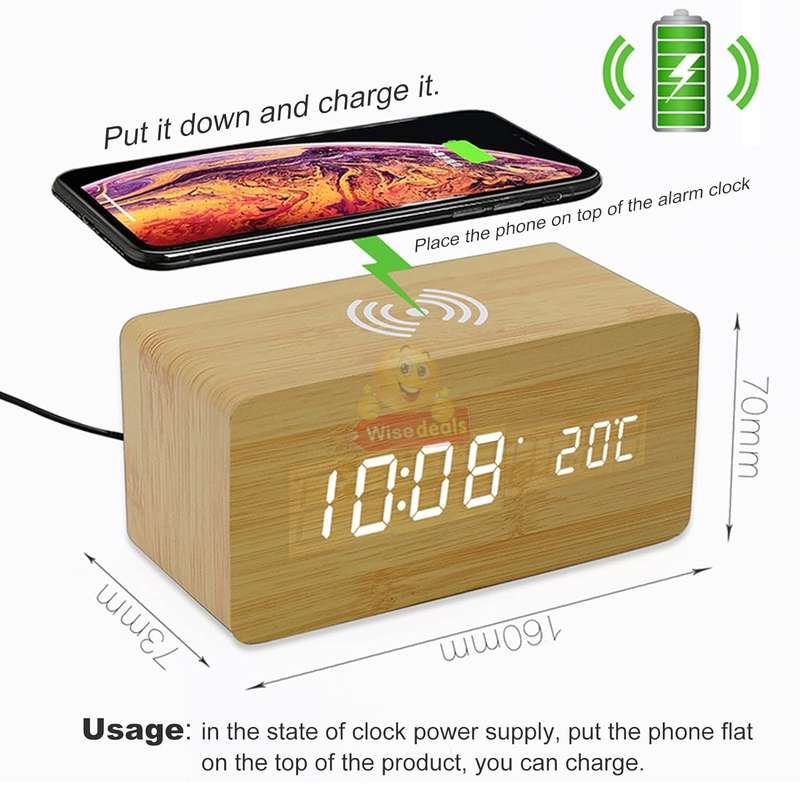 Multi-Function Wooden Alarm Clock with Wireless Charger