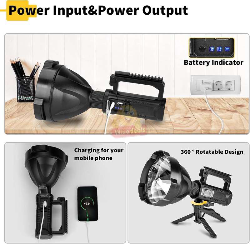 Super Far Distance Large LED Search and Flash Light and Tripod, USB Interface, Mobile Power Bank