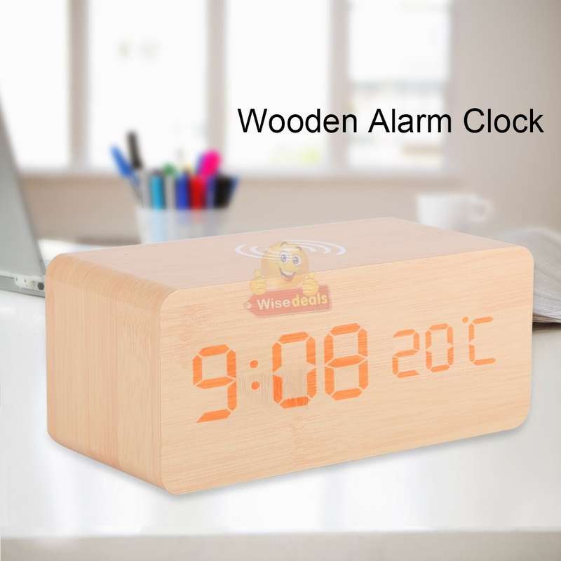 Multi-Function Wooden Alarm Clock with Wireless Charger