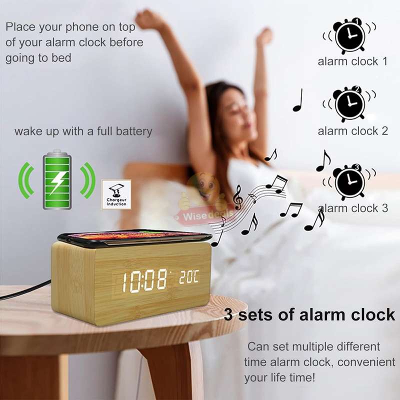Multi-Function Wooden Alarm Clock with Wireless Charger
