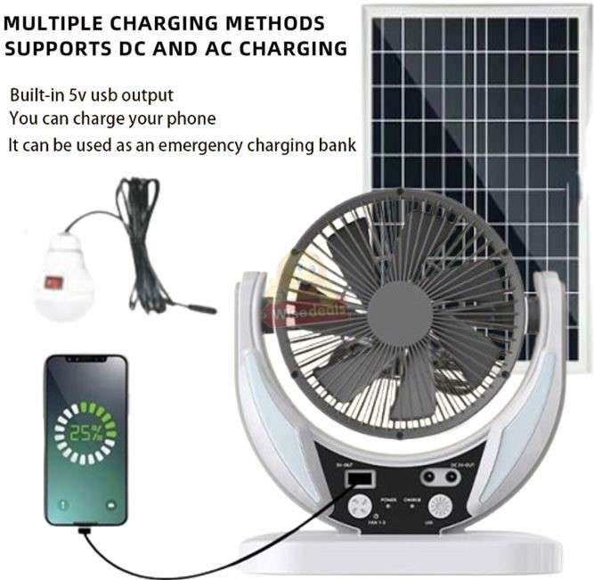 Solar Fan with Panel USB Light and Power bank