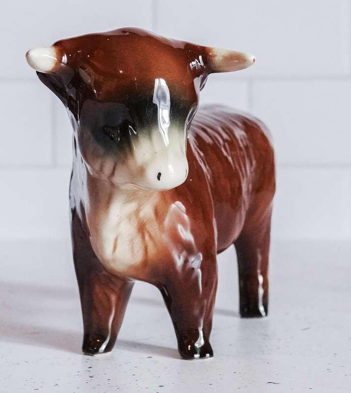 Vintage Porcelain Bull Figurine  Glossy Brown & Cream  Marked "325" & "P"