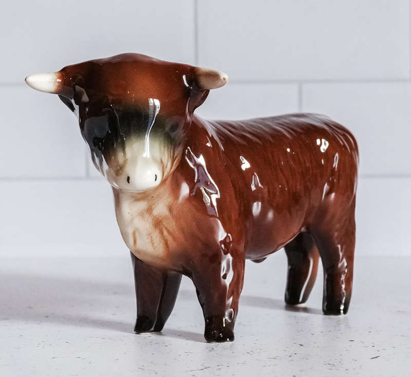 Vintage Porcelain Bull Figurine  Glossy Brown & Cream  Marked "325" & "P"