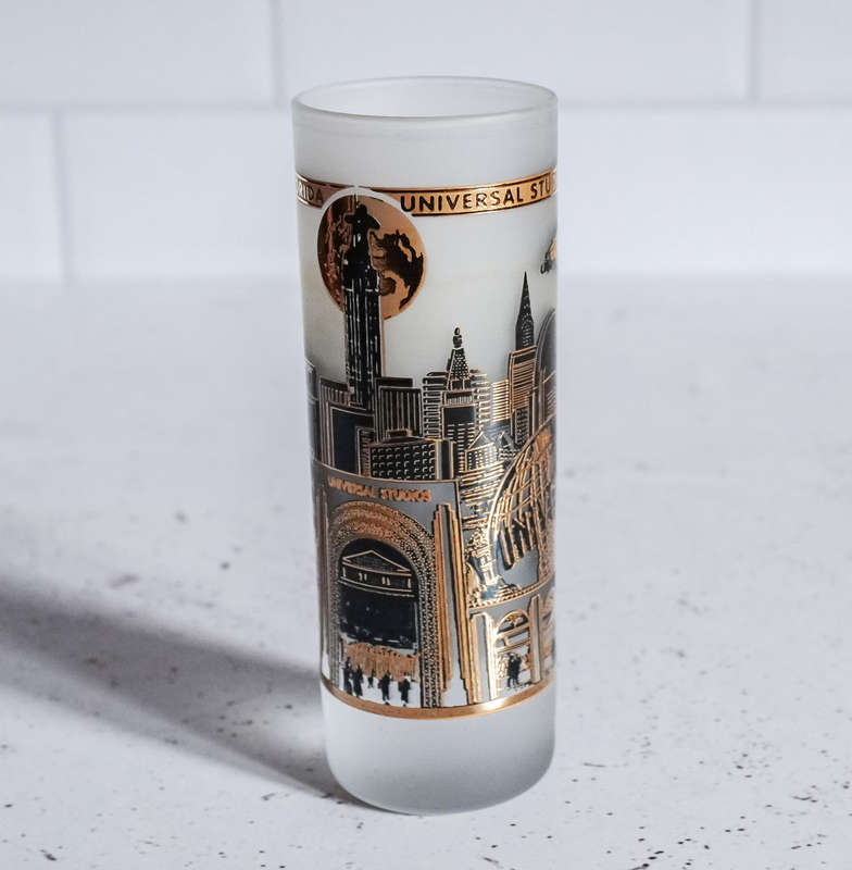 Vintage Universal Studios Florida Frosted Glass Tumbler with 22K Gold Detailing  Rare Collectible