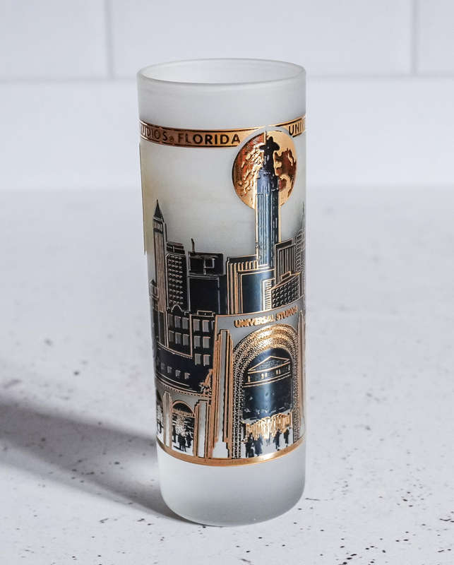Vintage Universal Studios Florida Frosted Glass Tumbler with 22K Gold Detailing  Rare Collectible