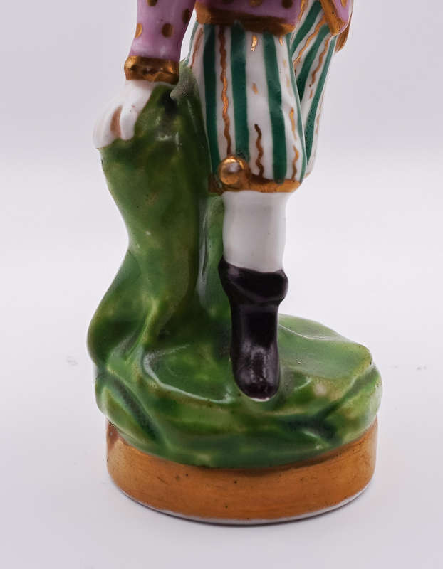 Antique German Porcelain Harlequin Figurine  Hand Painted, Gilt Accents, Holding Mask