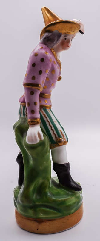 Antique German Porcelain Harlequin Figurine  Hand Painted, Gilt Accents, Holding Mask