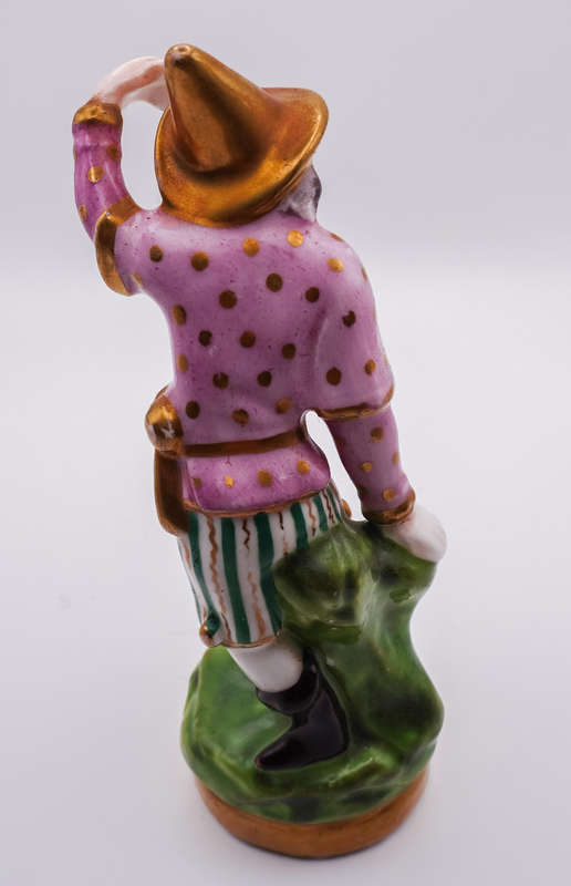 Antique German Porcelain Harlequin Figurine  Hand Painted, Gilt Accents, Holding Mask