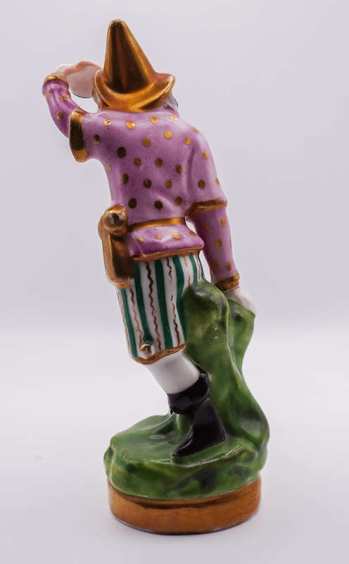 Antique German Porcelain Harlequin Figurine  Hand Painted, Gilt Accents, Holding Mask