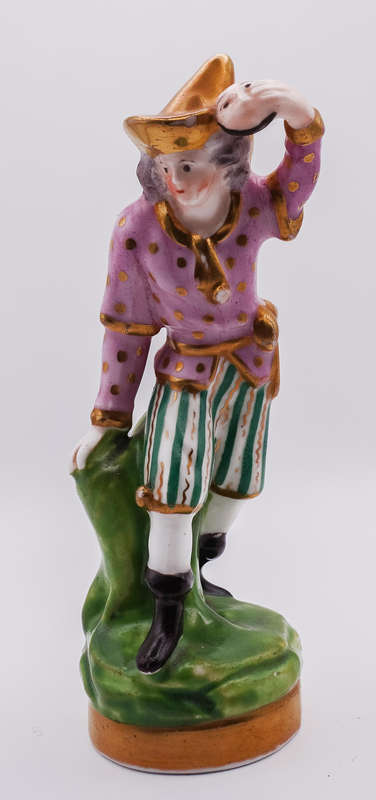 Antique German Porcelain Harlequin Figurine  Hand Painted, Gilt Accents, Holding Mask