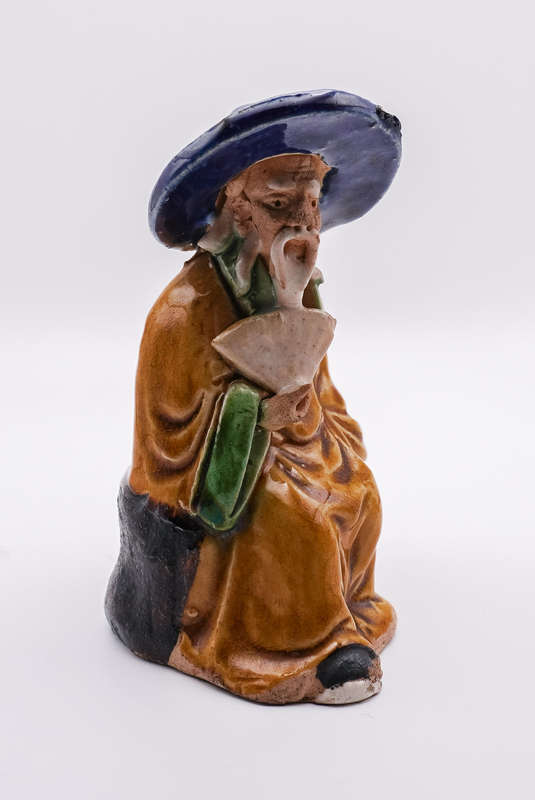Antique Chinese Mudman Figurine  Seated Elder with Fan
