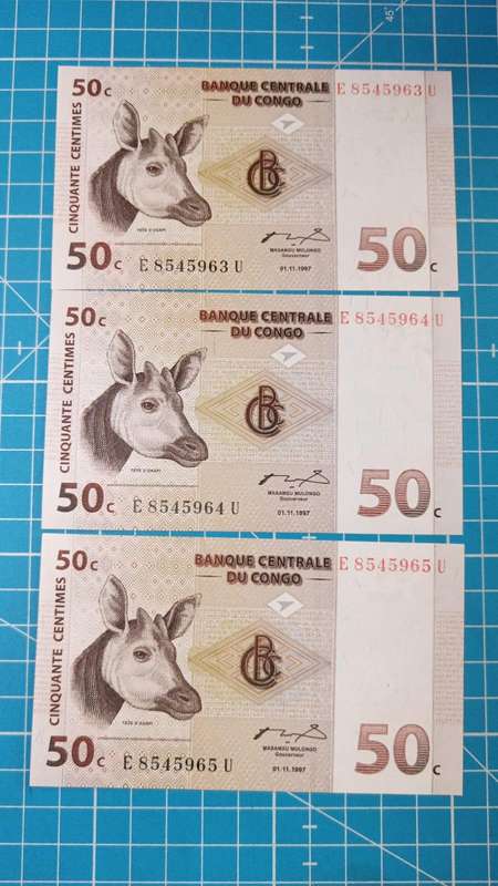 Congo 3 x 50 cent notes in sequence
