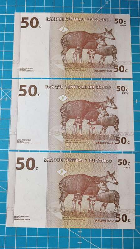 Congo 3 x 50 cent notes in sequence