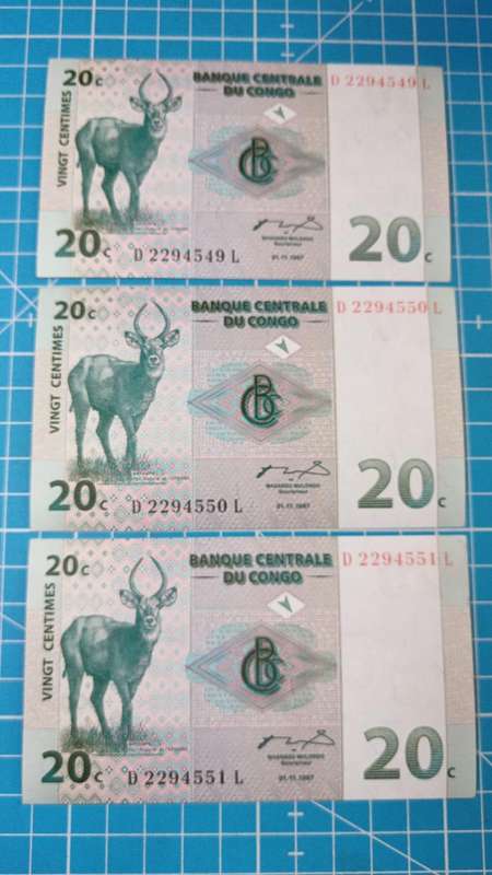 Congo 3 x 20 cent notes in sequence