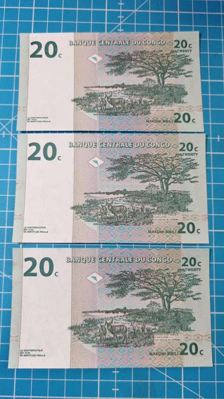 Congo 3 x 20 cent notes in sequence