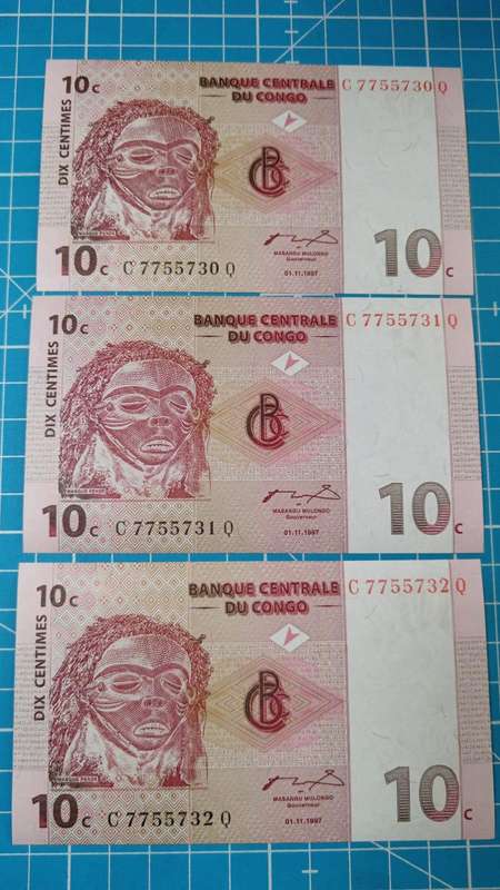 Congo 3 x 10 cent notes in sequence