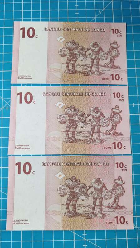 Congo 3 x 10 cent notes in sequence