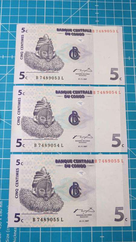 Congo 3 x 5 cent notes in sequence