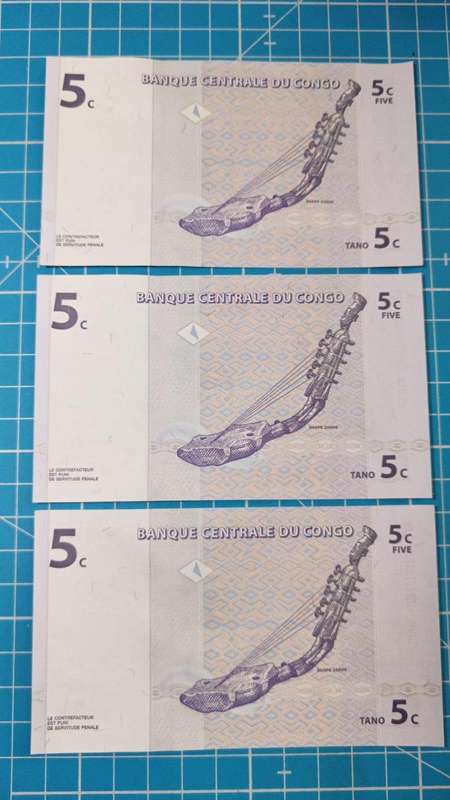 Congo 3 x 5 cent notes in sequence