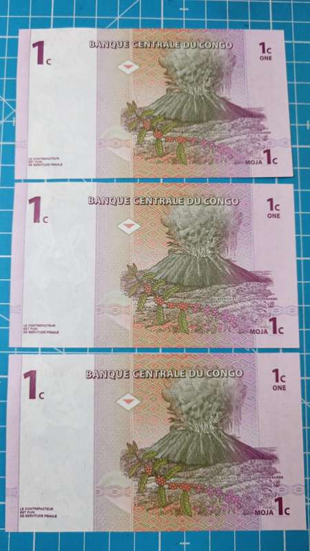 Congo 3 x 1 cent notes in sequence