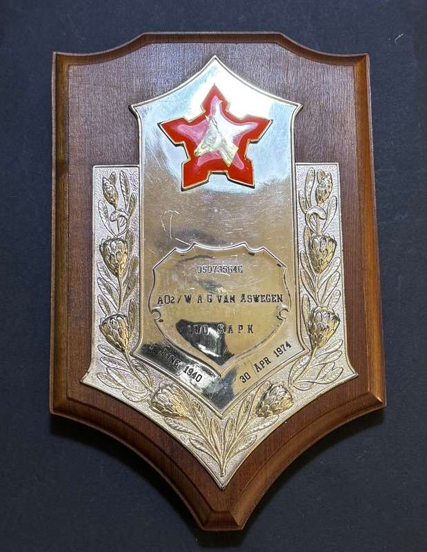 SADF - Commemorative Plaque to :AO2 WAG van Aswegen AWD S.A.P.K