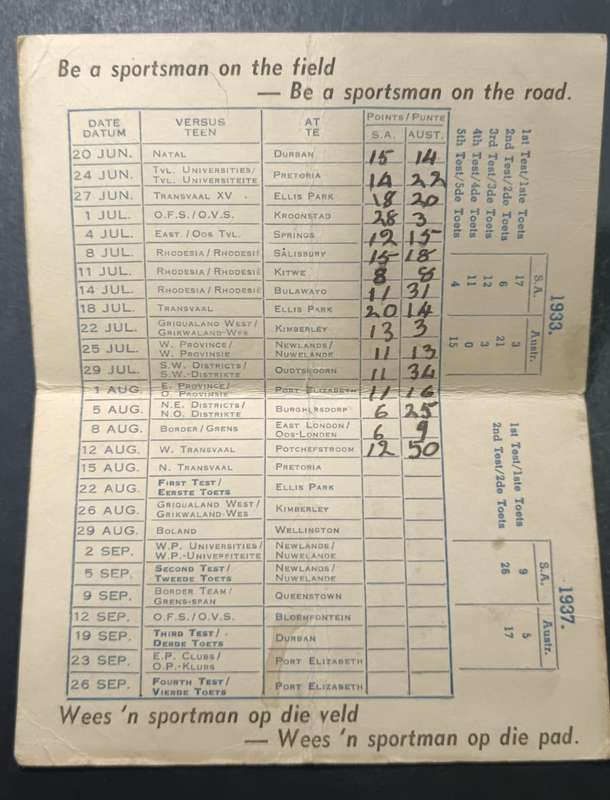 1953 Australian Rugby Tour to South Africa Souvenir