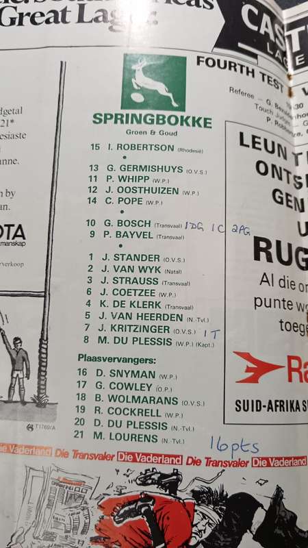 1976 All Blacks VS The Springboks at Ellis Park Programme - Top Condition