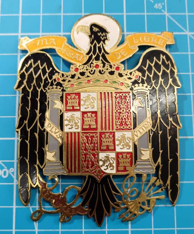 1960s Spanish Car Grill Badge. VNA Gran De Libre ESPAÑA. Coat of Arms Plaque. Brass. Coloured enamel
