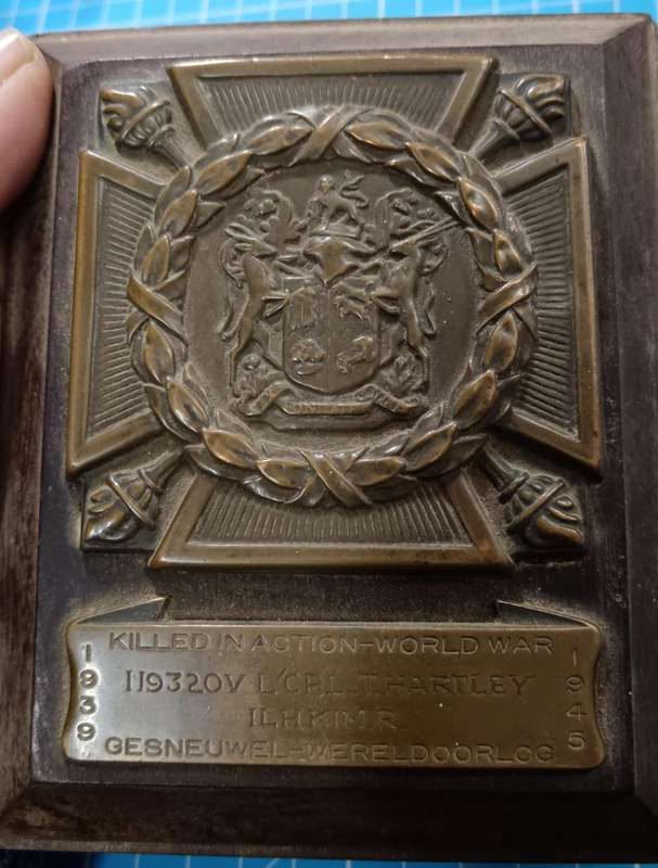 World War Two Death Plaque : Lance Corporal T.Hartley Imperial Light Horse