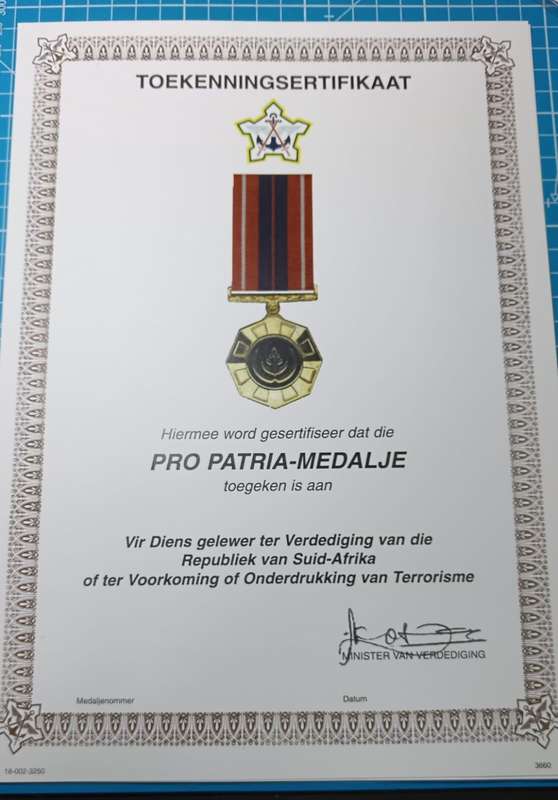 SADF - Original Period Pro Patria Certificate - Afrikaans