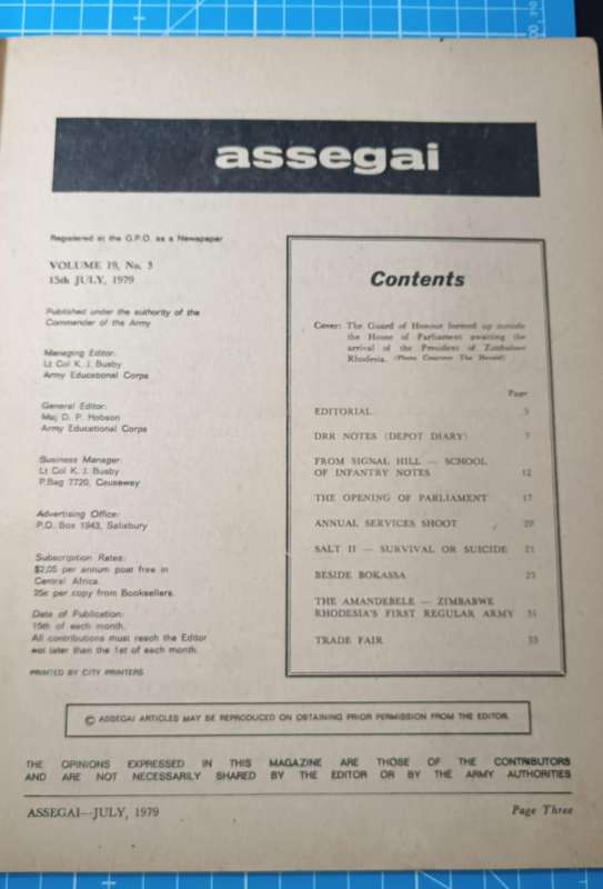 The "Assegai Magazine" is a historical publication, specifically a magazine issued by Rhodesia