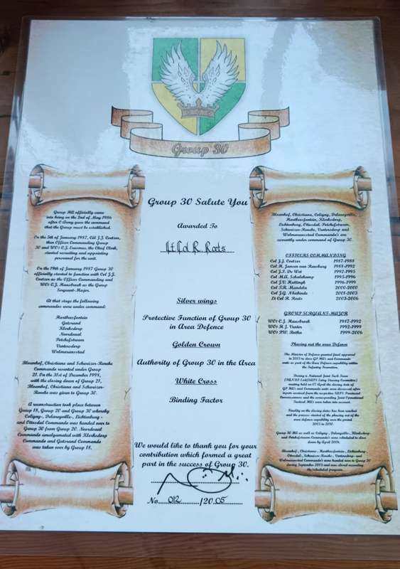 SADF - Group 30 HQ Certificate ( Laminated )
