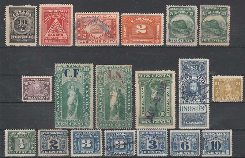 CANADA: REVENUES FROM 1865:MEDICINE ACT,TOBACCO,CUSTOM DUTY,LAW STAMP,GAS INSPECTION,EXCISE:UMM+USED
