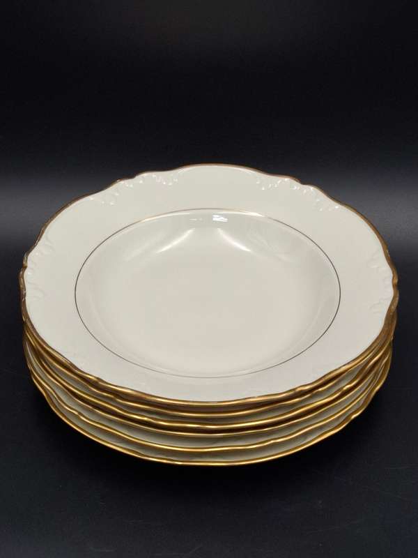 Vintage Porsgrunn Norge - 33 piece dinnerware in ivory with gold trim - designer Nora Gunderson