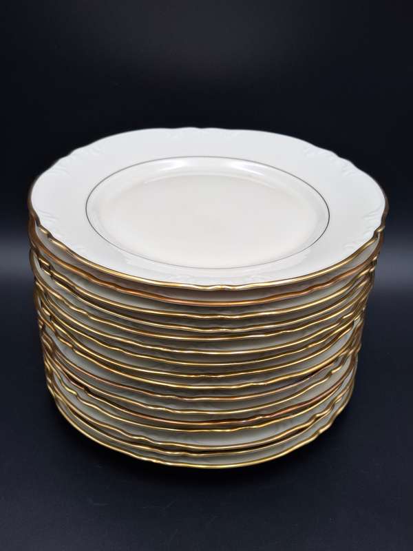 Vintage Porsgrunn Norge - 33 piece dinnerware in ivory with gold trim - designer Nora Gunderson
