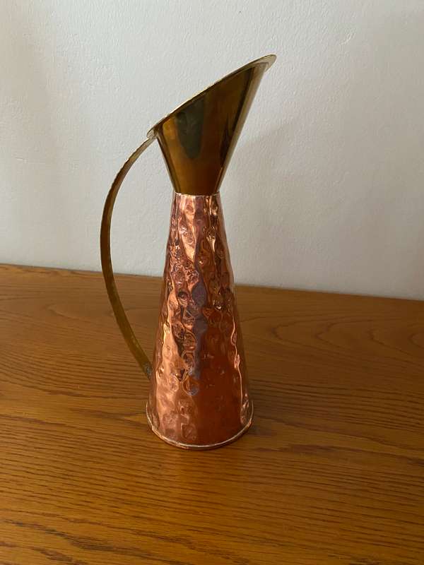 Solid brass and copper jug with beaten metal finish