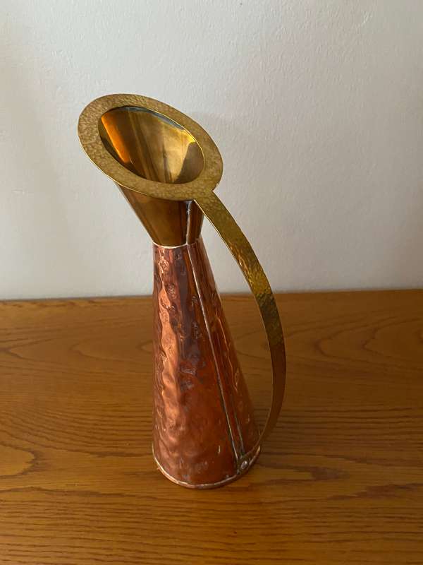 Solid brass and copper jug with beaten metal finish