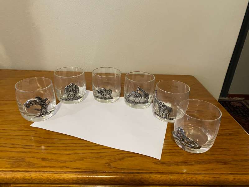 "Big 6"  whiskey glasses with metalwork
