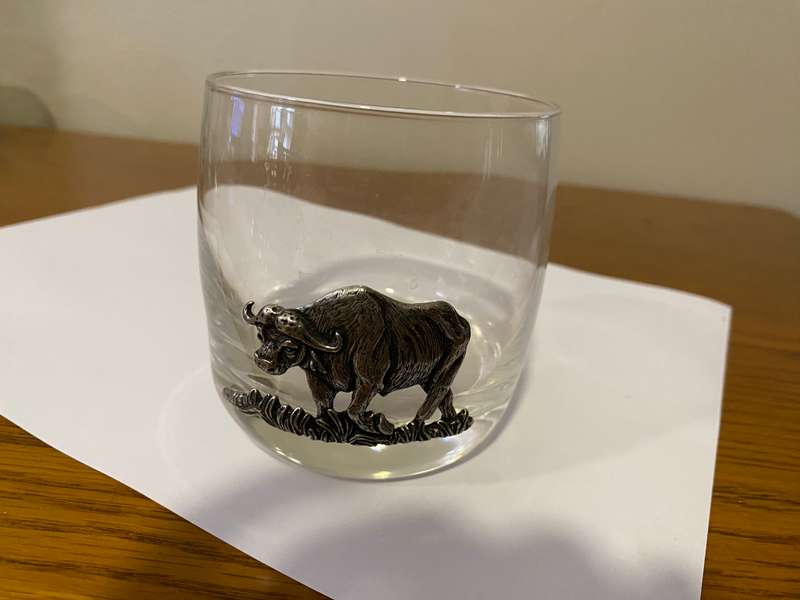 "Big 6"  whiskey glasses with metalwork
