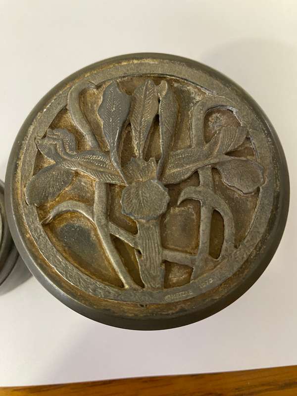 Pewter trinket boxes with metal artwork lids