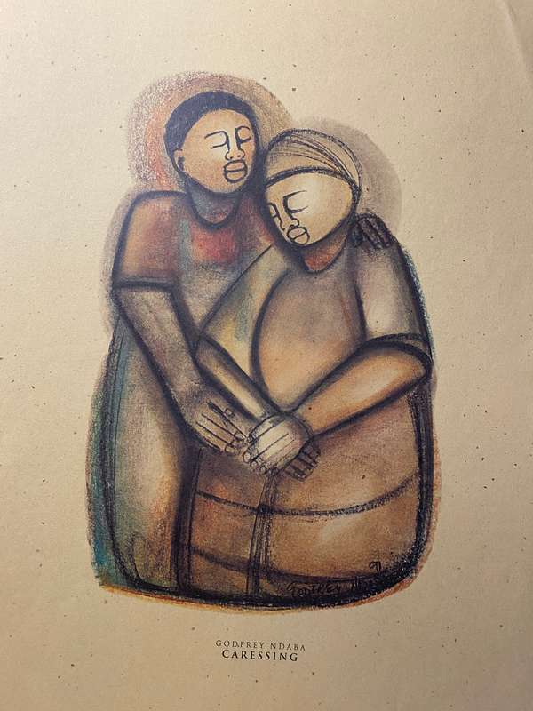Godfrey Ndaba reprint of chalk and pastel titled: Caressing