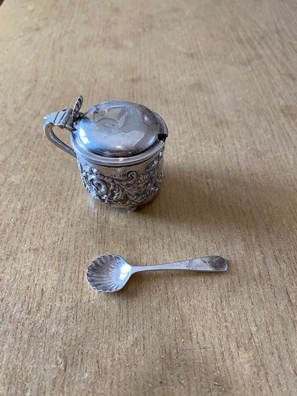 Silver mustard pot with lid and cobalt glass liner and matching spoon
