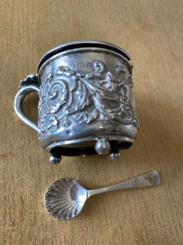 Silver mustard pot with lid and cobalt glass liner and matching spoon