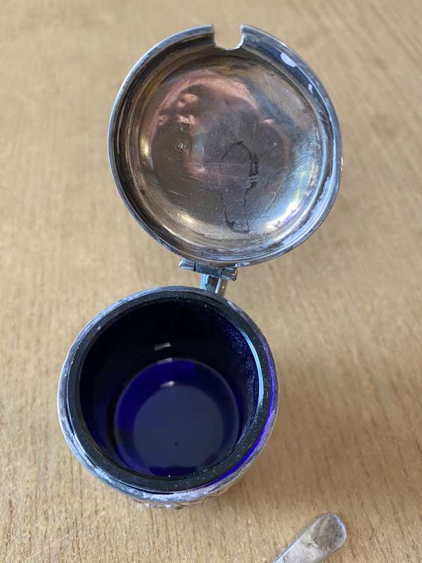 Silver mustard pot with lid and cobalt glass liner and matching spoon