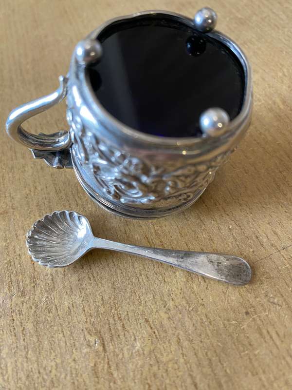 Silver mustard pot with lid and cobalt glass liner and matching spoon