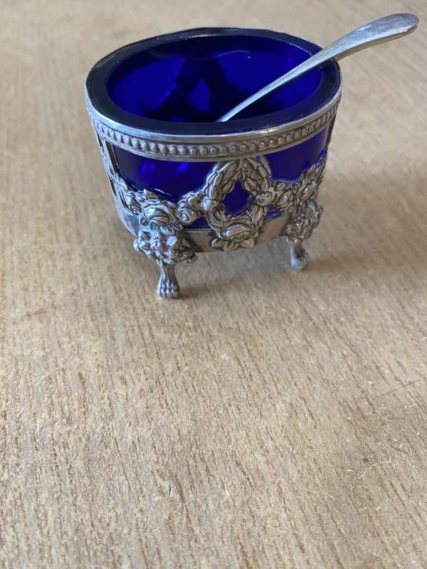 Silver mustard pot with spoon