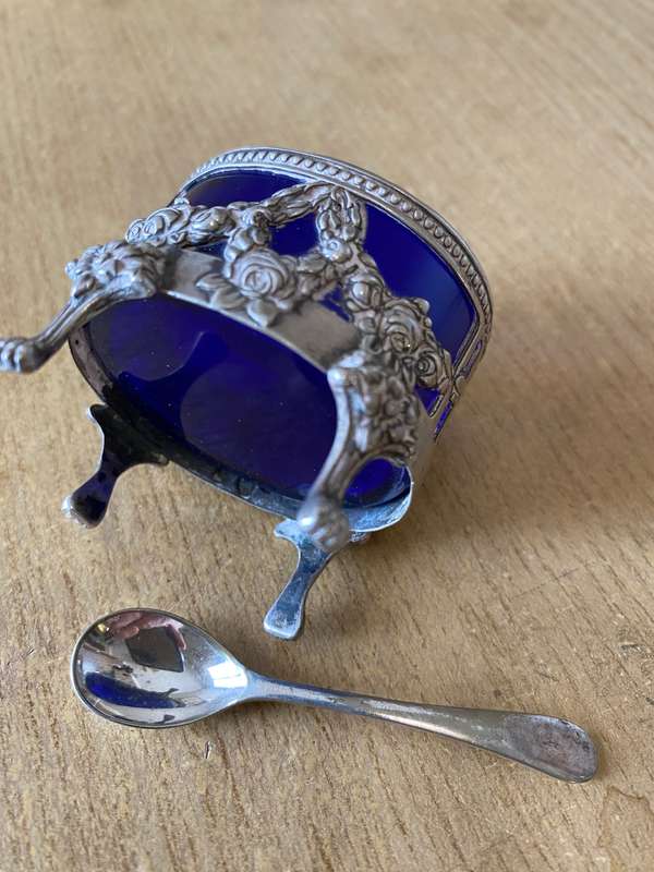 Silver mustard pot with spoon