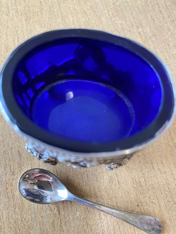 Silver mustard pot with spoon