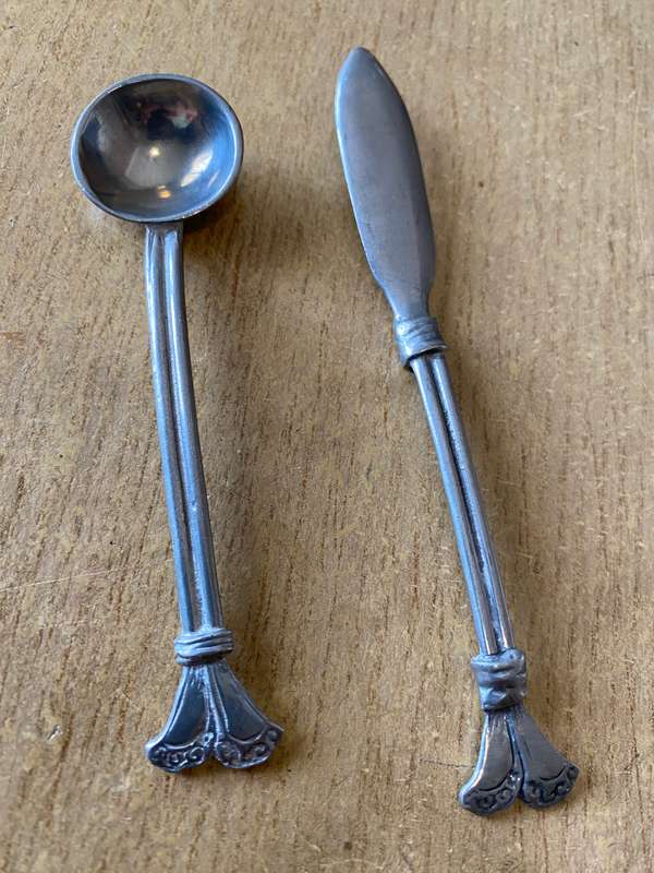 Pewter jam spoon and butter knife