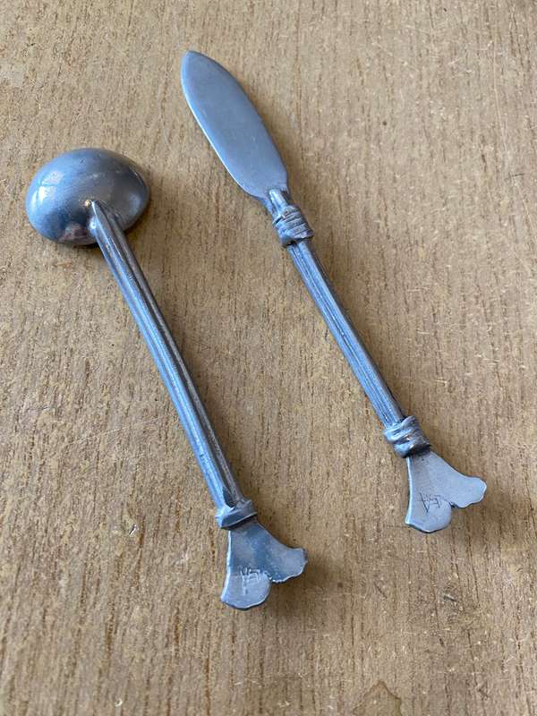 Pewter jam spoon and butter knife
